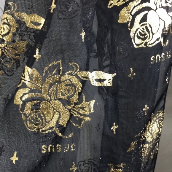 SHEER Scarf Roses Crosses & Jesus Black & Gold Metallic 60 inch - Picture 3 of 5